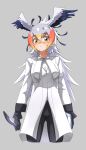  1girl absurdres bird_girl bird_wings black_gloves black_hair black_pants blonde_hair blue_hair book collared_shirt commentary_request cowboy_shot eyebrows_visible_through_hair glasses gloves gradient_hair grey_hair hair_between_eyes head_wings highres jacket kemono_friends long_jacket multicolored_hair orange_hair pants quill secretarybird_(kemono_friends) semi-rimless_eyewear shirt sleeve_cuffs solo tanabe_(fueisei) white_jacket white_shirt wings yellow_eyes 