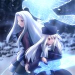  2girls bangs bird black_dress black_eyes blurry blurry_background closed_mouth cowboy_shot dress eyebrows_visible_through_hair fate/stay_night fate/zero fate_(series) frilled_sleeves frills frown hair_between_eyes hat highres holding_hands illyasviel_von_einzbern irisviel_von_einzbern long_hair long_sleeves migiha mother_and_daughter multiple_girls scarf sidelocks smile snowing standing sword weapon white_hair white_scarf wrist_cuffs 