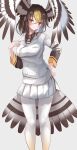  1girl bird_girl bird_tail bird_wings blonde_hair blush brown_eyes brown_hair brown_shirt buchibussei collared_shirt eyebrows_visible_through_hair gradient gradient_legwear hair_between_eyes head_wings highres jacket kemono_friends long_sleeves multicolored_hair necktie northern_goshawk_(kemono_friends) pantyhose pleated_skirt shirt short_hair skirt smile solo two-tone_legwear white_hair white_jacket white_legwear white_skirt wings yellow_legwear 