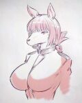  1girl animal_ears animal_nose braid breasts commentary_request dog_ears dog_girl fate/grand_order fate_(series) florence_nightingale_(fate) furrification furry grey_background highres large_breasts long_hair pink_eyes pink_hair snout solo traditional_media tsukareta_san upper_body 