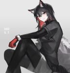  1girl alternate_eye_color animal_ears arknights black_gloves black_hair black_legwear black_sleeves brown_eyes commentary dated ear_piercing feet_out_of_frame gloves grey_background grey_shorts happy_birthday highres iwis knee_up legwear_under_shorts long_hair looking_at_viewer multicolored_hair pantyhose piercing red_gloves redhead shorts sitting smile solo tail texas_(arknights) two-tone_gloves two-tone_hair wolf_ears wolf_girl wolf_tail wristband 