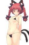  1girl :3 animal_ear_fluff animal_ears arms_behind_back bikini blush braid breasts cat_ears cat_tail cowboy_shot highres kaenbyou_rin leon0705 long_hair looking_at_viewer multiple_tails nekomata red_eyes redhead small_breasts solo swimsuit tail touhou twin_braids twintails two_tails 