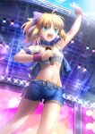  1girl ahoge armband artoria_pendragon_(all) bandeau bangs bare_shoulders blonde_hair bow choker cowboy_shot eyebrows_visible_through_hair fate/grand_order fate_(series) hair_bow hand_up highres holding holding_microphone medium_hair messy_hair microphone midriff migiha navel open_mouth purple_shorts saber shorts sidelocks smile solo sweat teeth thighs tongue violet_eyes wrist_cuffs 