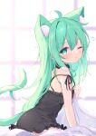  1girl ahoge animal_ear_fluff animal_ears bangs bare_arms bare_shoulders bed_sheet black_collar black_dress blurry blurry_background blush cat_ears cat_girl cat_tail closed_mouth collar commentary_request depth_of_field dress eyebrows_visible_through_hair green_hair hair_between_eyes hand_up highres long_hair looking_at_viewer mikaze_oto one_eye_closed original sleepy sleeveless sleeveless_dress solo strap_slip tail tail_raised very_long_hair waking_up window 