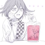  1boy :d bangs checkered checkered_scarf chikuwapan dangan_ronpa_(series) dangan_ronpa_v3:_killing_harmony eyebrows_visible_through_hair flipped_hair glass hair_between_eyes hat holding_drinking_straw jacket long_sleeves male_focus monochrome open_mouth ouma_kokichi scarf shoes sitting skirt smile solo spot_color upper_body upper_teeth witch_hat yumeno_himiko 