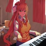  1girl brown_hair chair classroom curtains doki_doki_literature_club green_eyes highres instrument kamisatoyuu monika_(doki_doki_literature_club) music piano piano_keys playing_instrument playing_piano ponytail ribbon school_uniform smile solo solo_focus white_ribbon window 