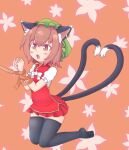  1girl :o animal_ear_fluff animal_ears bound bound_wrists bow bowtie brown_eyes brown_hair cat_ears cat_tail chen commentary_request dress floral_background full_body haruirokomici hat heart heart_tail jewelry kneeling mob_cap multiple_tails nekomata open_mouth orange_background red_dress short_hair simple_background single_earring solo tail touhou two_tails white_neckwear 