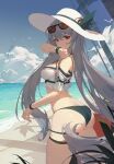  1girl absurdres arknights ass bangs bare_shoulders beach bikini blue_bikini breasts chinese_commentary commentary cowboy_shot day eyebrows_visible_through_hair eyewear_on_head from_behind hair_between_eyes hand_up hat hat_ribbon highres lance_(lancelliu) long_hair looking_at_viewer off-shoulder_shirt off_shoulder official_alternate_costume outdoors red_eyes ribbon shirt silver_hair skadi_(arknights) skadi_(waverider)_(arknights) small_breasts solo standing sunglasses swimsuit thigh_strap thighs very_long_hair white_headwear white_shirt 