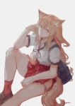  1girl animal_ears bag bangs breasts fate/extra fate/extra_ccc fate/extra_ccc_fox_tail fate_(series) fox_ears fox_girl fox_tail highres knee_up kouzuki_kei large_breasts long_hair looking_at_viewer orange_eyes orange_hair red_skirt school_bag shirt short_sleeves sidelocks sitting skirt solo suzuka_gozen_(fate) tail thighs white_shirt 