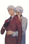  2boys alternate_costume archer_(fate) archer_alter black_gloves black_nails black_neckwear cowboy_shot earrings fate/stay_night fate_(series) fingernails formal gloves grey_eyes grey_hair grey_suit hair_ornament hair_slicked_back hairclip hand_on_another&#039;s_shoulder hand_on_another&#039;s_waist heterochromia hikaru_(asteriskring) jewelry looking_at_viewer male_focus messy_hair mismatched_sclera multiple_boys necktie red_eyes red_suit standing suit tan twitter_username 