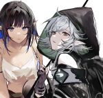  2girls arknights black_gloves black_hair black_jacket blue_eyes blue_hair commentary eunectes_(arknights) eunectes_(forgemaster)_(arknights) gloves grey_hair highres holding holding_staff hood hood_up jacket looking_at_viewer lyas multicolored_hair multiple_girls partially_fingerless_gloves pointy_ears shirt simple_background staff tomimi_(arknights) torn_clothes torn_shirt two-tone_hair upper_body white_background white_shirt yellow_eyes 