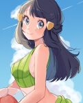  1girl alternate_costume ball bangs bare_arms beachball black_hair blush breasts closed_mouth clouds commentary_request hikari_(pokemon) day eyelashes green_swimsuit grey_eyes hair_ornament hairclip highres long_hair looking_to_the_side outdoors pokemon pokemon_(game) pokemon_dppt ririmon sky smile solo swimsuit 