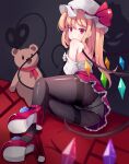  1girl :/ ass bare_shoulders blonde_hair blurry crystal depth_of_field earrings flandre_scarlet full_body hat high_heels jewelry laevatein long_hair looking_at_viewer lying mob_cap off_shoulder on_side pantyhose red_eyes shadow sitting solo sseopik stuffed_animal stuffed_toy teddy_bear thighband_pantyhose touhou upskirt wings yokozuwari 