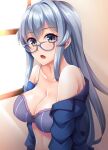  1girl absurdres bespectacled blue-framed_eyewear blue_bra blue_eyes blue_hair bra breasts collarbone glasses gotland_(kancolle) hair_bun highres kantai_collection long_hair long_sleeves medium_breasts mole mole_under_eye open_clothes open_shirt ruin_re_birth sidelocks solo striped striped_bra underwear upper_body 