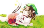  1girl animal_ears brown_eyes brown_hair bug butterfly cat_ears cat_tail chen dress grass hat highres insect koyomiyoko_o looking_up lying mob_cap multiple_tails nekomata on_ground on_side outdoors red_dress short_hair solo tail touhou two_tails 
