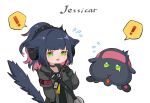  ! ... 1girl ^^^ animal animal_ears arknights black_gloves black_jacket blue_hair car cat cat_ears cat_girl cat_tail chibi collar english_commentary gloves green_eyes ground_vehicle hand_up headphones id_card implied_extra_ears jacket jessica_(arknights) long_hair motor_vehicle open_mouth pink_hair ponytail pui_pui_molcar simple_background solo spacelongcat spoken_ellipsis spoken_exclamation_mark tail tears upper_body white_background 