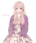  1girl blonde_hair boychaaa cardigan casual commission crossed_legs dress fashion floral_dress floral_print hands_on_lap long_hair manhwa original pink_hair portrait purple_cardigan red_eyes solo sundress sweater white_background white_dress 