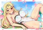  1girl bangs beach blonde_hair blush breasts chest_jewel colored_eyelashes day earrings fanbox_username jewelry large_breasts long_hair looking_at_viewer lying mythra_(radiant_beach)_(xenoblade) mythra_(xenoblade) on_back one-piece_swimsuit outdoors sky solo strapless strapless_swimsuit swept_bangs swimsuit tiara virus-g white_swimsuit xenoblade_chronicles_(series) xenoblade_chronicles_2 yellow_eyes 