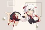  1girl barefoot blue_eyes china_dress chinese_clothes dango double_bun dress eating floating food honkai_(series) honkai_impact_3rd looking_at_viewer rabbit_(tukenitian) solo theresa_apocalypse wagashi white_hair 