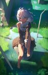  1girl barefoot blue_eyes dress hei_huo_chong highres honkai_(series) honkai_impact_3rd looking_at_viewer short_ponytail sitting solo theresa_apocalypse theresa_apocalypse_(valkyrie_pledge) torn_clothes torn_dress white_hair 