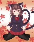  1girl :p animal_ear_fluff animal_ears black_jacket bow bowtie brown_hair cat_ears cat_tail chen clothes_lift floral_background flower_request full_body haruirokomici jacket jewelry lifted_by_self long_hair looking_at_viewer multiple_tails nekomata pantyhose red_eyes red_neckwear red_skirt single_earring sitting skirt skirt_lift solo tail tongue tongue_out touhou two_tails wariza 