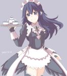  1girl bangs blue_eyes blue_hair blush cup dated eyebrows_visible_through_hair fire_emblem fire_emblem_awakening frills holding holding_tray juliet_sleeves long_hair long_sleeves looking_at_viewer lucina_(fire_emblem) maid maid_headdress puffy_sleeves solo teacup teapot thighs tray yaseisbtn 