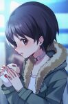  1girl bangs baozi black_hair brown_eyes choker coat food fur-trimmed_coat fur_trim grey_coat highres kantai_collection katsuobushi_(eba_games) maru-yu_(kancolle) parted_bangs short_hair solo white_choker 