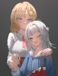  2girls animal_hood arm_around_shoulder bangs blonde_hair blue_eyes blue_hair blue_hoodie blue_nails blush breasts brown_skirt chilakkk commentary cowboy_shot flat_chest gawr_gura gear_hair_ornament grey_background grin height_difference highres holding_hands hololive hololive_english hood hoodie lips long_sleeves looking_at_viewer medium_breasts medium_hair multicolored_hair multiple_girls nail_polish necktie one_eye_closed open_mouth parted_bangs plaid plaid_skirt red_neckwear shark_hood sharp_teeth shirt_tucked_in short_hair short_necktie short_twintails signature silver_hair simple_background skirt smile streaked_hair symbol-only_commentary teeth twintails two-tone_hair two_side_up upper_body virtual_youtuber watson_amelia 