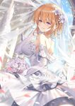  1girl backless_dress backless_outfit bangs bare_back bouquet braid breasts bridal_veil bride commentary dress elbow_gloves flower from_side gloves gochuumon_wa_usagi_desu_ka? hair_between_eyes hair_flower hair_ornament highres holding holding_bouquet hoto_cocoa ks_(xephyrks) large_breasts looking_at_viewer medium_hair older orange_hair parted_lips petals shoulder_blades side_braid single_braid smile solo strapless veil violet_eyes wedding_dress white_dress white_flower white_gloves 