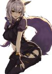  1girl absurdres animal_ears arknights black_gloves black_pants black_vest braid fang gloves highres hip_vent looking_at_viewer medium_hair molyb open_mouth pants provence_(arknights) purple_hair purple_shirt shirt simple_background sitting solo tail vest white_background wolf_ears wolf_girl wolf_tail yellow_eyes 