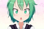 1girl bangs cato_(monocatienus) chestnut_mouth close-up commentary_request face gradient gradient_background green_eyes green_hair heart heart_background looking_at_viewer open_mouth pink_background portrait shirt short_hair simple_background solo touhou v-shaped_eyebrows white_shirt wing_collar wriggle_nightbug 