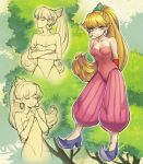  1girl bare_shoulders blonde_hair blue_eyes breasts closed_mouth earrings hoop_earrings jewelry long_hair looking_at_viewer pants pointy_ears ponytail primm seiken_densetsu seiken_densetsu_2 smile solo tree uboar 