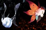  blue_eyes bug commentary_request embers frosmoth gen_5_pokemon gen_8_pokemon insect kura_(shironagasu02) moth no_humans pokemon pokemon_(creature) volcarona white_fur 