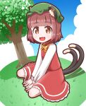  1girl :3 :d animal_ear_fluff animal_ears bangs blunt_bangs bow bowtie brown_eyes brown_hair cat_ears cat_tail chen clouds day dress eyebrows_visible_through_hair gold_trim grass hat highres jewelry looking_at_viewer mob_cap multiple_tails nekomata open_mouth outdoors red_dress roco_(katsuya1011) short_hair single_earring sitting smile solo tail touhou tree two_tails wariza yellow_neckwear 