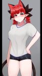  1girl :/ animal_ears blush braid breasts cat_ears cat_tail cowboy_shot extra_ears grey_background hand_on_hip kaenbyou_rin large_breasts looking_at_viewer mizuga multiple_tails nekomata pillarboxed pointy_ears red_eyes redhead shirt shorts simple_background solo tail touhou twin_braids twintails two_tails white_shirt 