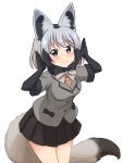  1girl absurdres animal_ears bat-eared_fox_(kemono_friends) black_fur black_gloves black_hair black_neckwear black_skirt blush bow bowtie brown_eyes cowboy_shot elbow_gloves eyebrows_visible_through_hair fox_ears fox_girl fox_tail fur_trim gloves grey_hair grey_jacket highres jacket kemono_friends multicolored_hair orange_shirt pleated_skirt pose shiraha_maru shirt short_hair short_sleeves simple_background skirt solo tail two-tone_hair white_background 