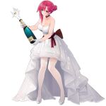  1girl alcohol azur_lane bare_shoulders black_prince_(azur_lane) black_prince_(pop_the_cork)_(azur_lane) bottle champagne_bottle dress hair_bun hair_ornament high_heels highres looking_at_viewer official_alternate_costume official_art pink_eyes pink_hair standing suisai thigh-highs transparent_background white_dress white_footwear white_legwear wine_bottle 