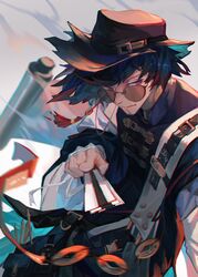  1boy arknights bandaged_hands bandages black_headwear blue_hair blurry blurry_background blurry_foreground chest_strap chinese_clothes chinese_commentary closed_mouth coin_on_string commentary_request facial_hair goatee hand_up hat highres kami_otona long_sleeves male_focus mr._nothing_(arknights) multicolored_hair off_shoulder red_eyes redhead scroll short_hair sideways_glance solo streaked_hair sunglasses tassel torn_clothes torn_hat 