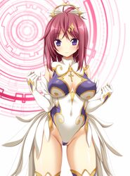  1girl bangs breasts cow cowboy_shot cross eyebrows_visible_through_hair highres koku large_breasts leotard levi_(realive) long_hair looking_at_viewer official_art photoshop_(medium) realive redhead smile solo thigh-highs transparent_background violet_eyes w_arms 