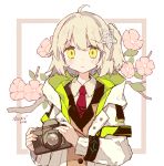  2021 ahoge arknights artist_name beige_shirt blonde_hair blush camera commentary flower hair_flower hair_ornament holding holding_camera infection_monitor_(arknights) jacket looking_at_viewer medium_hair melanbread necktie open_clothes open_jacket pink_flower red_neckwear scene_(arknights) side_ponytail upper_body white_background white_jacket wristband yellow_eyes 