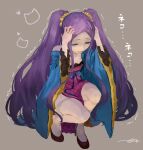  1girl bangs breasts chinese_clothes closed_eyes dress fate/grand_order fate_(series) forehead hair_ornament hair_scrunchie hands_on_own_head hanfu highres kouzuki_kei long_hair long_sleeves open_mouth parted_bangs pelvic_curtain purple_dress purple_hair scrunchie shawl sidelocks small_breasts solo squatting thighs translation_request trembling twintails very_long_hair wavy_mouth wide_sleeves wu_zetian_(fate) yellow_scrunchie 