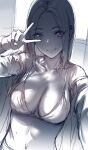  1girl absurdres bra breasts closed_mouth collarbone commentary english_commentary eyes_visible_through_hair greyscale hews highres looking_at_viewer medium_breasts mole mole_under_eye monochrome navel samsung samsung_sam selfie short_hair sketch smile solo underwear upper_body v 