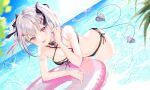  1girl :d asumi_sena bare_arms bare_shoulders bikini black_bikini black_choker bow breasts cattleya_regina_games choker criss-cross_halter dutch_angle hair_bow hair_ornament halterneck highres innertube long_hair looking_at_viewer multicolored_hair multiple_tails myusha navel ocean open_mouth outdoors silver_hair small_breasts smile solo stomach streaked_hair swimsuit tail thighs twintails two_tails violet_eyes virtual_youtuber wading x_hair_ornament 