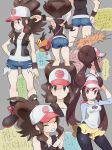  2girls antenna_hair baseball_cap black_legwear black_vest blue_eyes boots bow brown_hair burakku_mutou closed_eyes closed_mouth double_bun eyelashes gen_5_pokemon grin hands_together hat high_ponytail highres hilda_(pokemon) knees legwear_under_shorts long_hair multiple_girls open_clothes open_vest pantyhose pink_bag pink_bow pink_headwear pokemon pokemon_(creature) pokemon_(game) pokemon_bw pokemon_bw2 raglan_sleeves rosa_(pokemon) shirt short_shorts shorts sidelocks sleeveless sleeveless_shirt smile socks standing starter_pokemon tepig translation_request twintails vest visor_cap white_shirt wristband yellow_shorts 