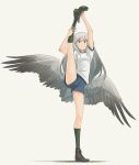  1girl asterisk_kome bangs bird_wings black_footwear black_legwear blue_shirt closed_mouth commentary eyebrows_visible_through_hair full_body grey_hair grey_wings gym_shirt gym_shorts gym_uniform highres leg_hold leg_up long_hair looking_at_viewer low_wings red_eyes shirt shoes short_shorts short_sleeves shorts simple_background smile socks solo split standing standing_on_one_leg standing_split white_background winged_fusiliers wings 