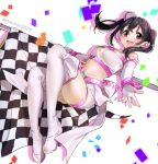  1girl black_hair boots checkered checkered_flag earrings flag hair_between_eyes highres jewelry long_hair love_live! love_live!_school_idol_project midriff nakano_maru navel open_mouth racequeen red_eyes short_hair smile solo thigh-highs thigh_boots thighs twintails twitter_username white_footwear white_legwear yazawa_nico 