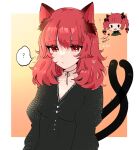  1girl :3 :d ? alternate_hairstyle animal_ear_fluff animal_ears blush_stickers braid breasts cat_ears cat_tail chibi chibi_inset choker dress expressionless grey_dress highres kaenbyou_rin long_hair looking_at_viewer medium_breasts multiple_tails necono_(nyu6poko) nekomata open_mouth pink_background red_eyes redhead ribbon_choker smile solo spoken_question_mark tail thought_bubble touhou twin_braids twintails two_tails upper_body 