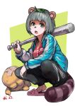  animal_ears animal_nose bandaid baseball_bat grey_hair highres iga-ryuu_ninja_ponpoko jacket kousaku leaf leaf_on_head oshare_ni_naritai!_peanuts-kun pants peanut peanuts-kun ponpoko_(iga-ryuu_ninja_ponpoko) raccoon_ears raccoon_girl raccoon_tail short_hair simple_background slippers squatting tail virtual_youtuber 