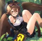  1girl absurdres bangs bare_shoulders beret bird_legs black_skirt blue_headwear blue_jacket blush book brown_eyes brown_hair brown_wings chinese_commentary clover_theater commentary_request feathered_wings glasses grass harpy hat high-waist_skirt highres jacket long_hair looking_at_viewer monster_girl norris_(clover_theater) semi-rimless_eyewear shirt short_eyebrows sitting skirt solo tree white_shirt winged_arms wings ziyue 