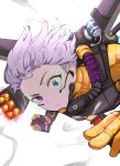  1girl absurdres apex_legends bodysuit cable falling firing gloves hair_behind_ear headset highres hitsujisnow holographic_interface jetpack looking_at_viewer mechanical_wings missile_pod orange_bodysuit orange_gloves science_fiction short_hair silver_hair smoke solo valkyrie_(apex_legends) violet_eyes white_background wings 